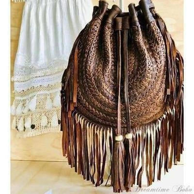 Gypsy Weave Leather Fringed Boho Bag Distressed Brown-Fringed Bag-Dreamtime Boho-Distressed Brown-Dreamtime Boho
