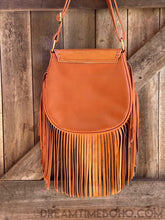 Load image into Gallery viewer, Handmade tan leather fringe boho bag rear angle showing soft genuine leather and long fringe detail