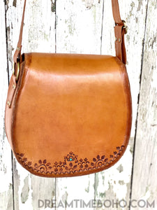 Hand Tooled Vintage Mandala Leather Boho Bag Saddle Bag-Crossbody Bag-Dreamtime Boho-Dreamtime Boho