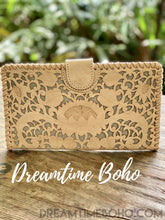 Load image into Gallery viewer, Hand Tooled Leather Lotus Boho Clutch Purse Wallet-Clutch/Purse-Dreamtime Boho-Beige-Dreamtime Boho