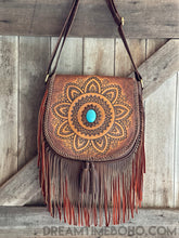 Load image into Gallery viewer, Harem Hand Tooled Leather Fringed Mandala Cross body Boho Bag Black-Apparel &amp; Accessories-Dreamtime Boho -Black Fringe Mandala-Dreamtime Boho