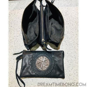 Hand Tooled Dragonfly Leather Purse Leather Bag-Clutch/Purse-Dreamtime Boho -26cmx19cm-Black-Dreamtime Boho