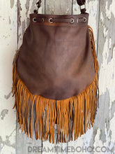Load image into Gallery viewer, Handmade Gypsy Dream Drawstring Fringed Leather Boho Bag-Crossbody Handbag-Dreamtime Boho-Tan-Dreamtime Boho