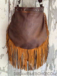 Handmade Gypsy Dream Drawstring Fringed Leather Boho Bag-Crossbody Handbag-Dreamtime Boho-Antique Brown-Dreamtime Boho