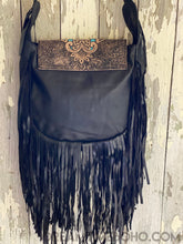 Load image into Gallery viewer, Hand Tooled Black Raven Fringed Leather Boho Bag-Boho Fringe Bag-Dreamtime Boho-Dreamtime Boho