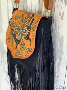 Hand Painted Butterfly Suede Fringed Leather Boho Bag-Boho Fringe Bag-Dreamtime Boho-Dreamtime Boho