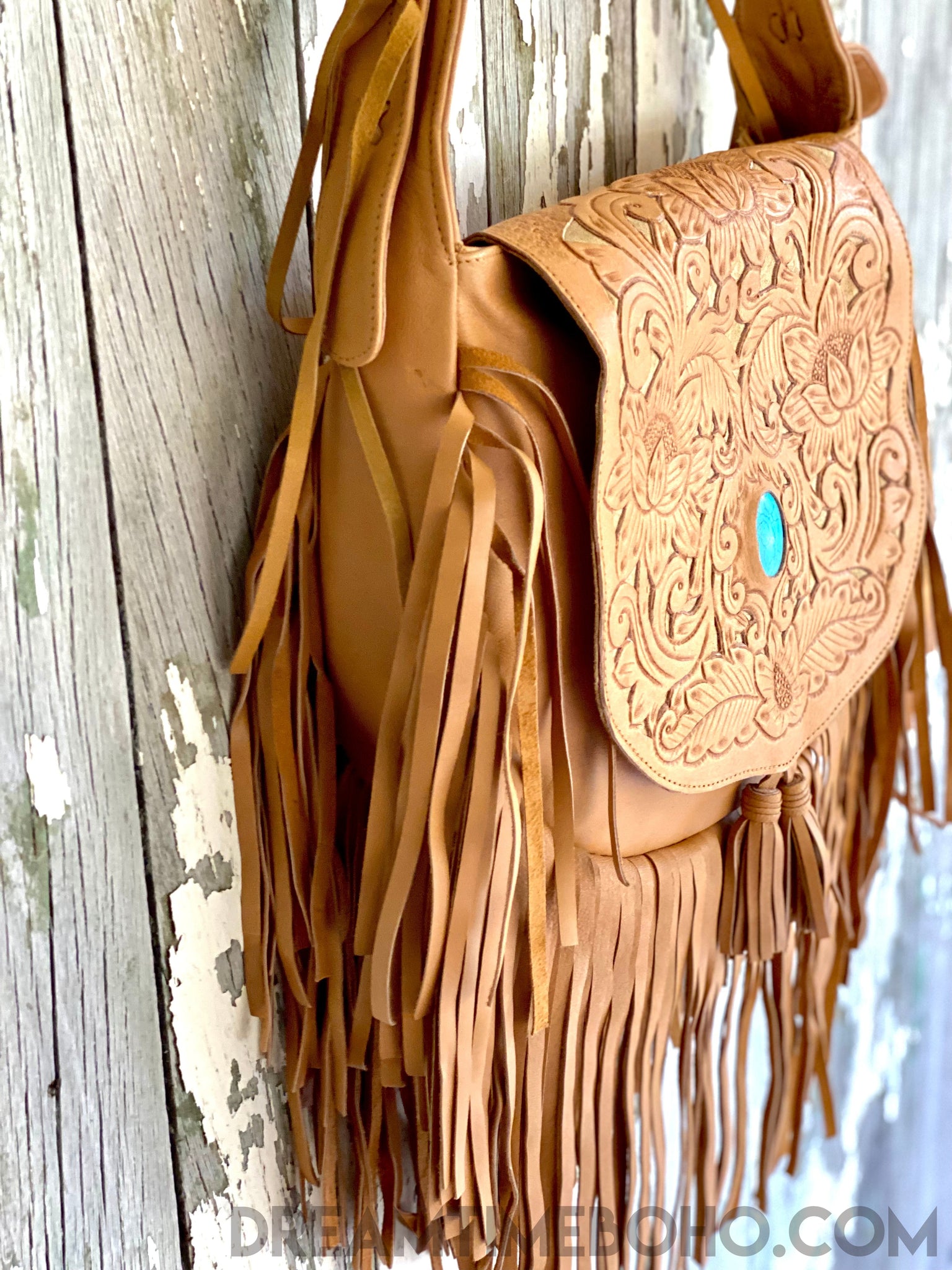 Hand Tooled Tan Raven Fringed Leather Boho Bag Dreamtime Boho