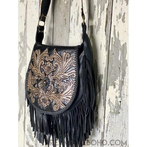 Shaylee Hand Carved Fringed Leather Boho Bag-Boho Fringe Bag-Dreamtime Boho -Black Stone-Dreamtime Boho