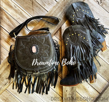 Load image into Gallery viewer, Hand Tooled Mandala Fringed Leather Crossbody Boho Bag-Boho Fringe Bag-Dreamtime Boho-Antique Brown-Dreamtime Boho