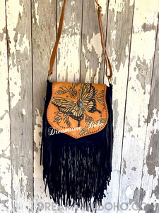 Hand Painted Butterfly Suede Fringed Leather Boho Bag-Boho Fringe Bag-Dreamtime Boho-Dreamtime Boho