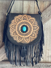 Load image into Gallery viewer, Harem Hand Tooled Leather Fringed Mandala Cross body Boho Bag Black-Apparel &amp; Accessories-Dreamtime Boho -Black Fringe Mandala-Dreamtime Boho