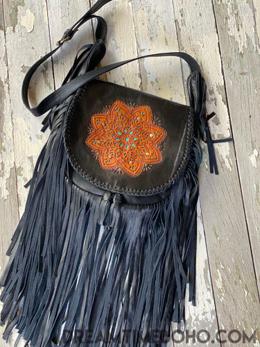 Mandala Hand Tooled Leather Fringed Boho Bag-Boho Fringe Bag-Dreamtime Boho-Black-Dreamtime Boho