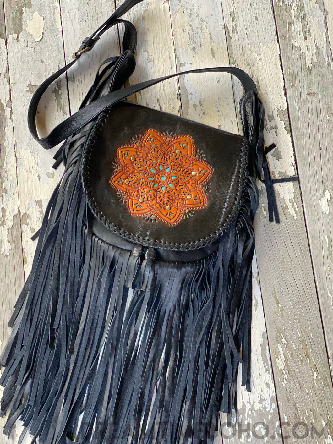 Mandala Hand Tooled Leather Fringed Boho Bag-Boho Fringe Bag-Dreamtime Boho-Black-Dreamtime Boho