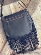 Load image into Gallery viewer, Harem Hand Tooled Leather Fringed Mandala Cross body Boho Bag Black-Apparel &amp; Accessories-Dreamtime Boho -Black Fringe Mandala-Dreamtime Boho