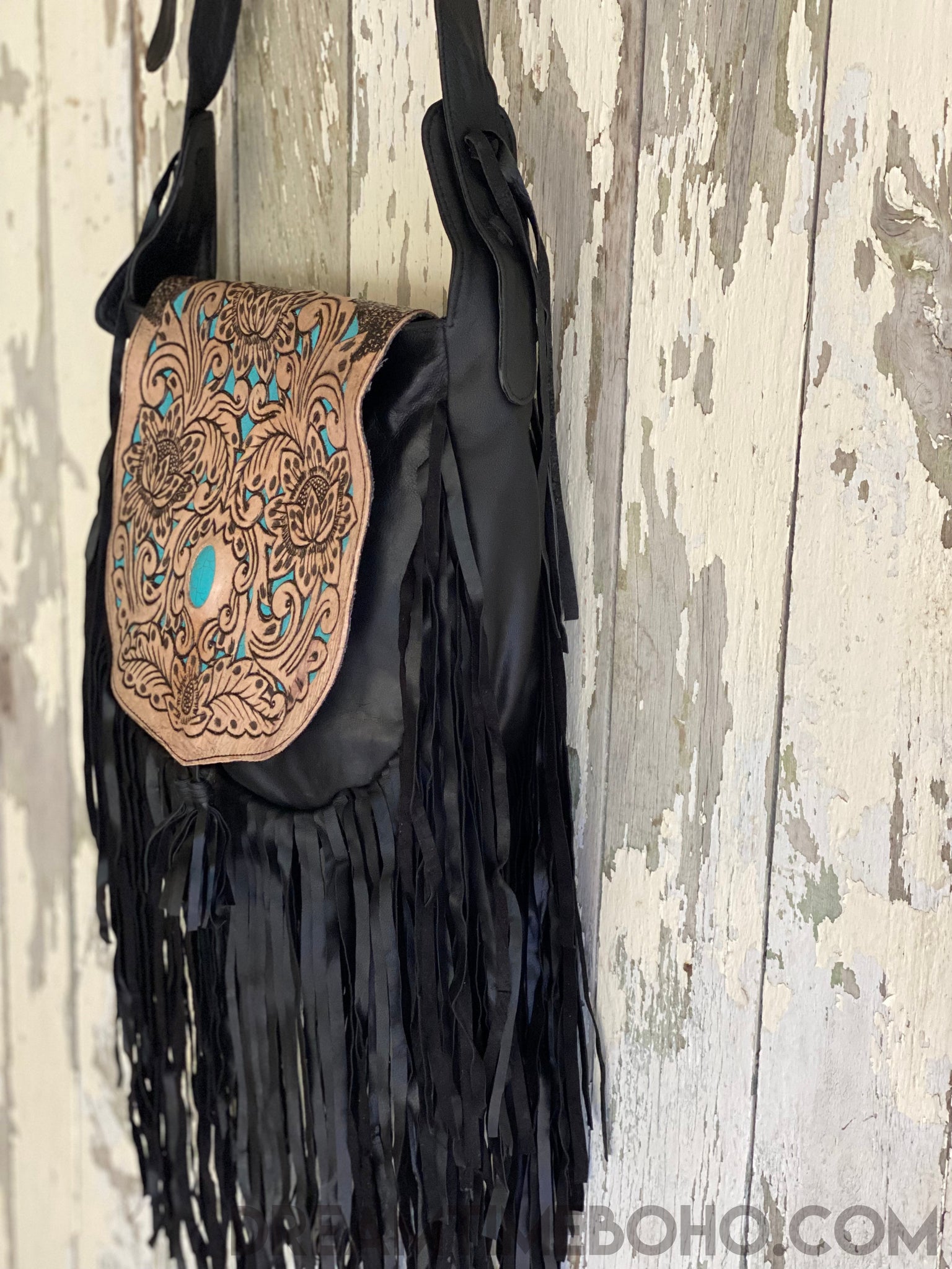 Hand Tooled Black Raven Fringed Leather Boho Bag – Dreamtime Boho