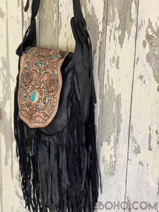 Hand Tooled Black Raven Fringed Leather Boho Bag-Boho Fringe Bag-Dreamtime Boho-Dreamtime Boho