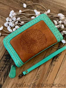 Sky Dancer Hand Tooled Leather Boho Wallet Purse-Wallet Purse-Dreamtime Boho -Turquoise-Dreamtime Boho