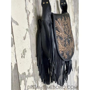 Shaylee Hand Carved Fringed Leather Boho Bag-Boho Fringe Bag-Dreamtime Boho -Black Stone-Dreamtime Boho