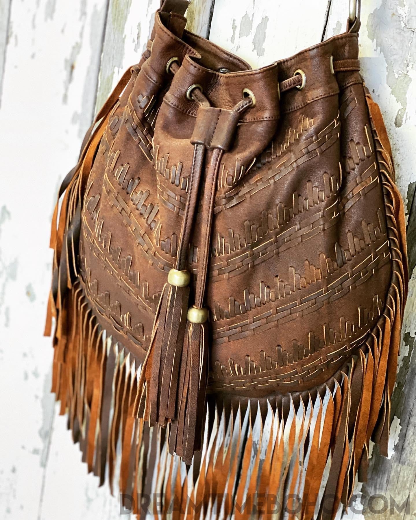 Handmade Gypsy Dream Drawstring Fringe Leather Boho Bag