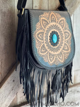 Load image into Gallery viewer, Harem Hand Tooled Leather Fringed Mandala Cross body Boho Bag Black-Apparel &amp; Accessories-Dreamtime Boho -Black Fringe Mandala-Dreamtime Boho