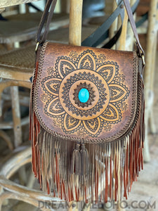 Harem Hand Tooled Leather Fringed Mandala Cross body Boho Bag Black-Apparel & Accessories-Dreamtime Boho -Black Fringe Mandala-Dreamtime Boho