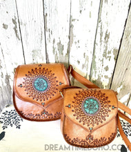 Load image into Gallery viewer, Hand Tooled Vintage Mandala Leather Boho Bag Saddle Bag-Crossbody Bag-Dreamtime Boho-Dreamtime Boho